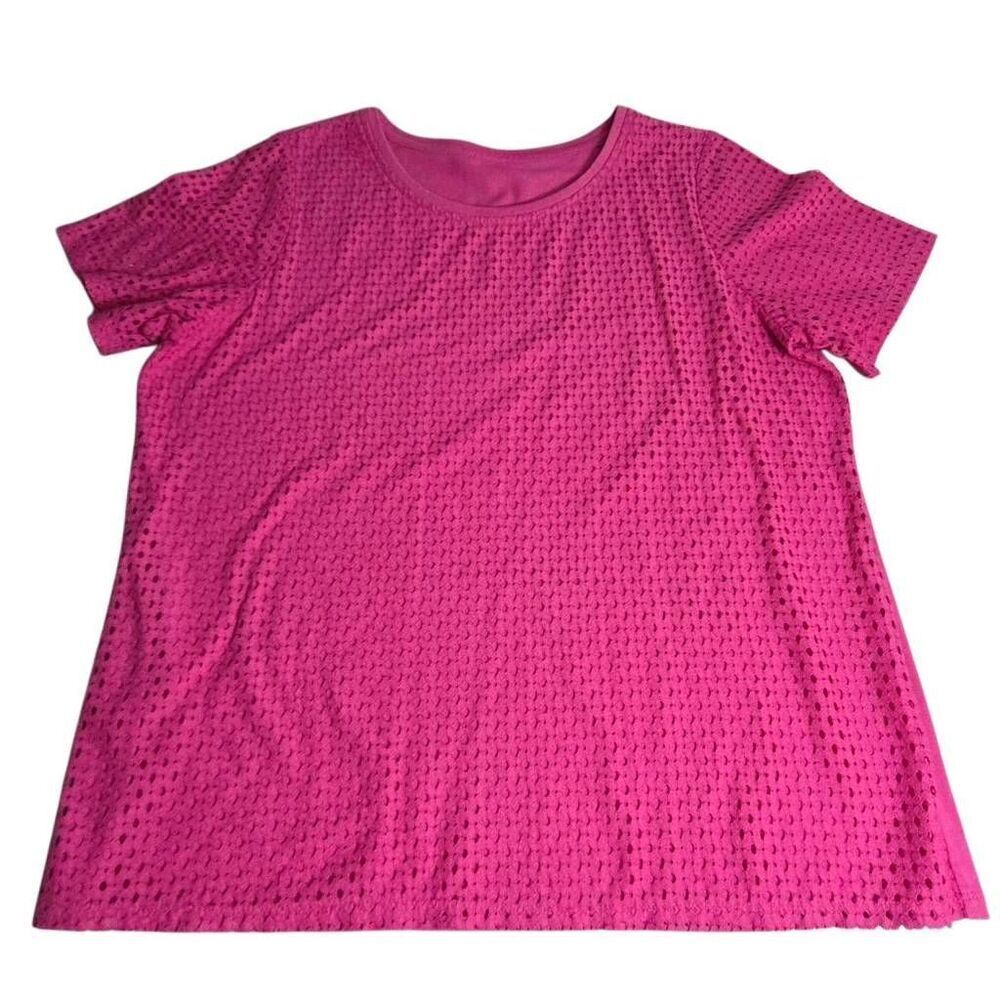 Croft & Barrow Women Hollow Out Short Sleeve Lined Shirt Hot Pink L